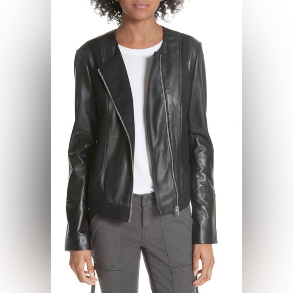 JOIE Morina Lambskin Leather Jacket Black Caviar Sz L Large Wool Moto Biker New - Picture 6 of 16